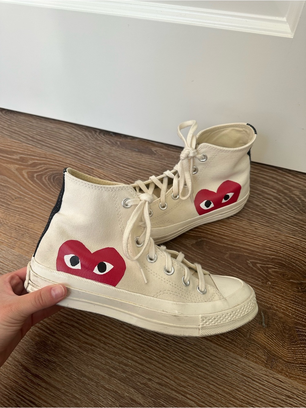 Comme des Garcons PLAY Cream High-Top Canvas Sneaker with Red Heart Logo - Picture 3 of 8